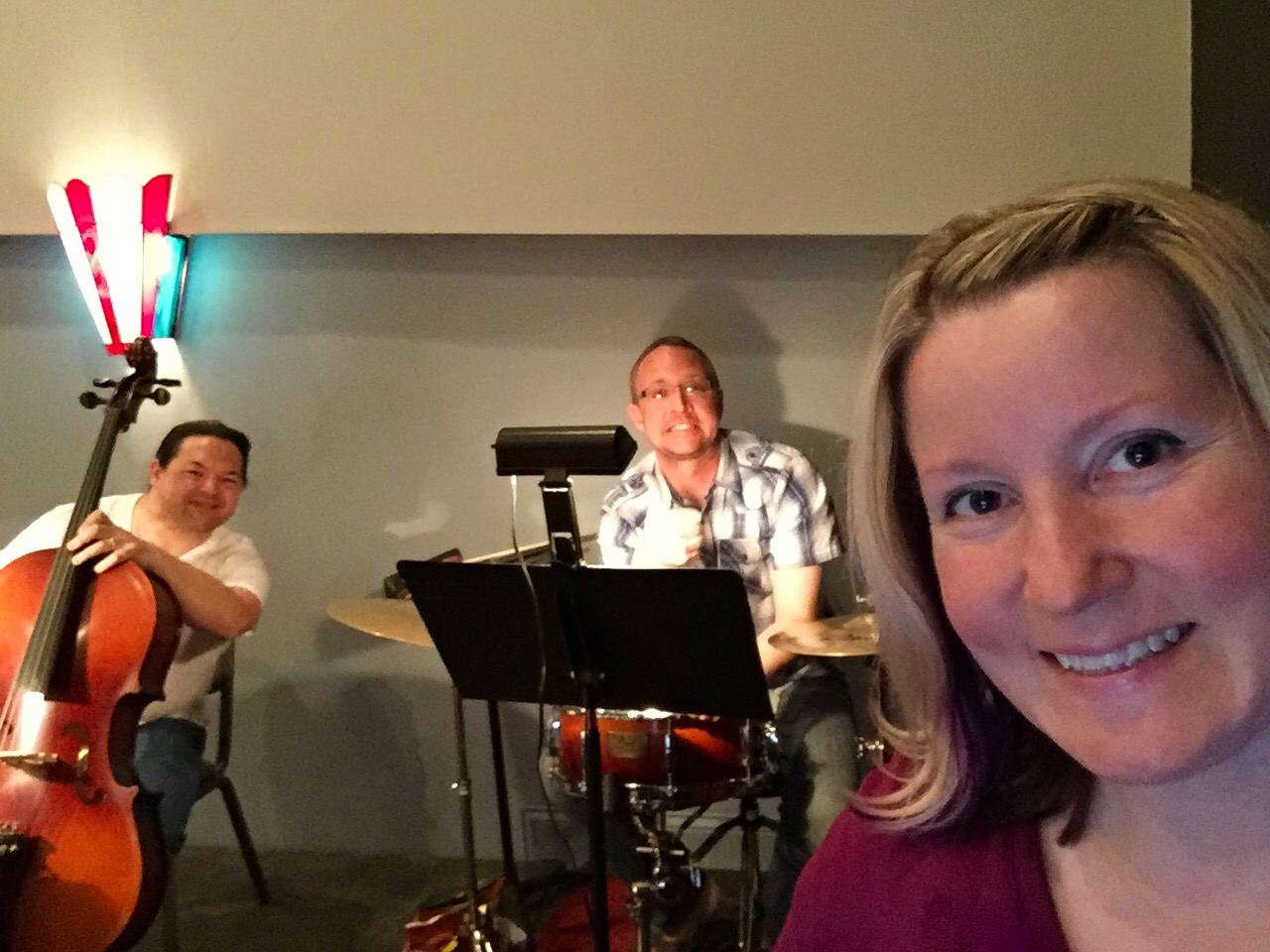 Tech rehearsal for "Clue" at the Bellevue Society for the Arts, with Nathan on cello, Rob Ciesluk on percussion, and musical director Kristen Santos on piano.