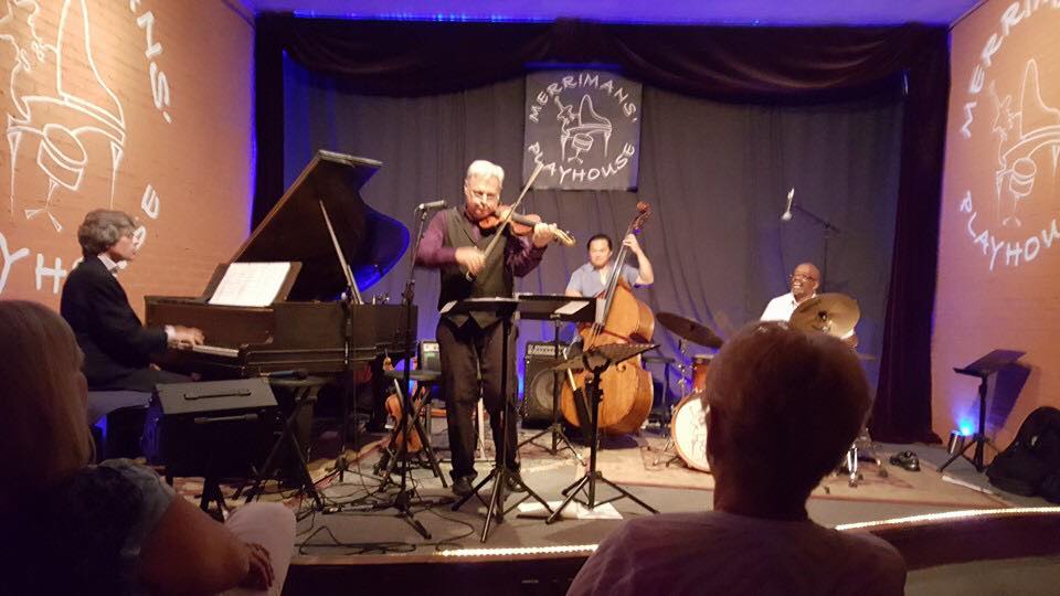 Chris Bakriges, piano, Stanley Chepaitis, violin, Nathan Santos, bass, Billy Arnold, drums at Merriman's Playhouse, South Bend, Indiana